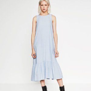 Zara Blue Chambray Linen Ruffle Hem Midi Dress